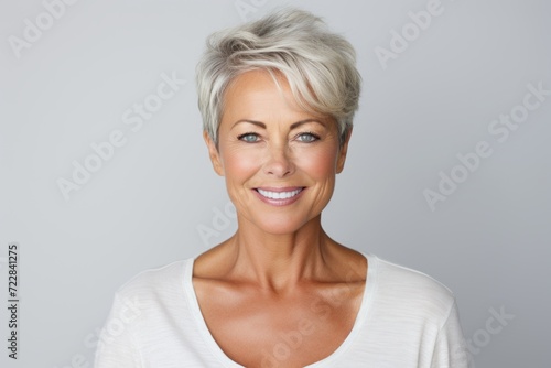 Portrait of a beautiful middle aged woman with short hair, over grey background