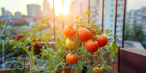 Red, yellow and orange tomatoes growing in container located on house balcony or terrace. Urban agriculture concept.