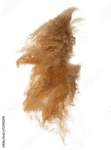 Sand Storm desert with wind blow spin around. Golden yellow sand tornado storm with high wind. Fine Sand circle around, White background Isolated throwing particle element object
