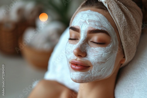 A woman undergoes a spa facial treatment with a clay mask, promoting natural skincare and relaxation.