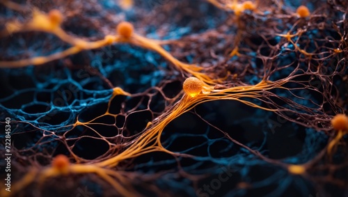 Neurons lit with organic soft light. Impulses are floating as synapses connect.