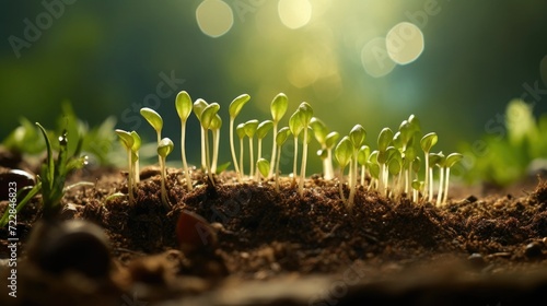 Green young plant sprout growth in the fertile soil with sunlight for photosynthesis. Eco nature background concept for campaign and advertisement.