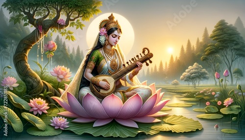 Watercolor illustration of a goddess saraswati sitting on a lotus flower in a serene lake.
