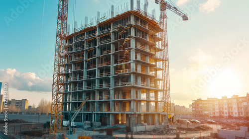 Building site with high-rise block under construction in an urban environment dominated by a large industrial crane