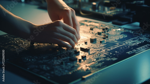 Hands precisely assemble a circuit board, highlighted by soft overhead lighting.