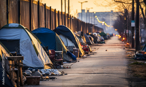 Desolate urban scene with a line of makeshift tents along a street, embodying the harsh reality of homelessness and poverty in the city's shadows