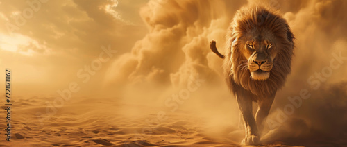 A regal lion strides forward, mane billowing, in a dramatic desert scene under a stormy sky