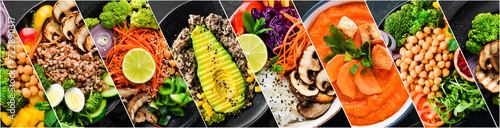 Photo collage of dietary dishes and healthy food. A set of dishes in plates. Photo banner for a food site.