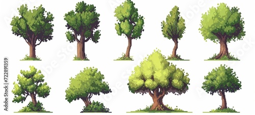 Set of pixel art trees, varying in shapes and sizes, perfect for digital landscapes or video game environments, showcasing a charming collection of green foliage and textured trunks.