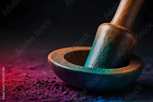 mortar with pestle for herbs preparation, spice grinding, herbal medicine preparation concept