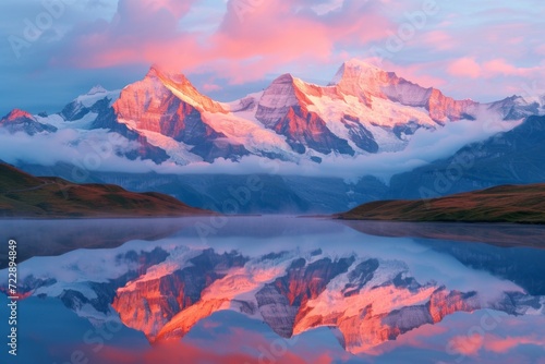 Sunrise view on a Bernese range above Bachalpsee Lake. Peaks Eiger, Jungfrau, and Faulhorn infamous locations in Switzerland's Alps, Grindelwald valley 