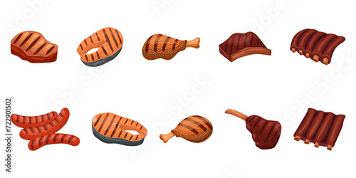 Grilled meat, fish and chicken, a set of barbecue products. Vector illustration on a white background