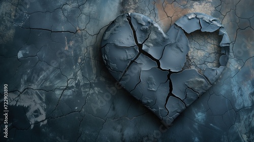 A black broken heart made of stone on a cracked wall, stone texture, break up, space for text