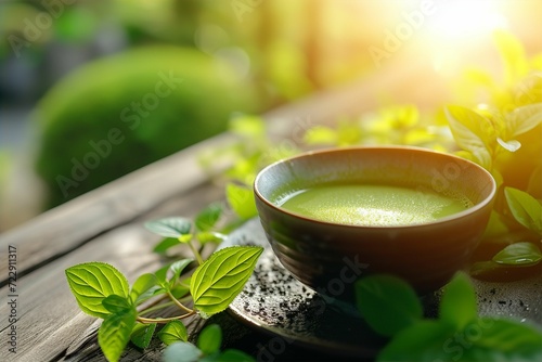 美しい日本風の背景と抹茶のイメージ（緑茶・茶道・庭園）