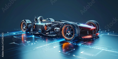 futuristic electric sport fast car chassis and battery packs with high performance or future EV fatory production and prototype showcase concepts as wide banner with copy space, Generative AI