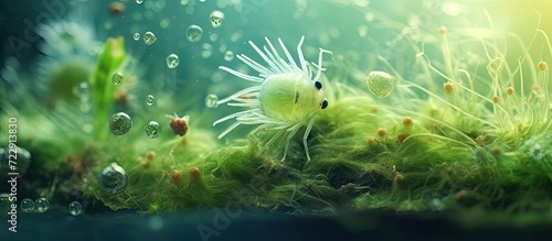 Fresh pond water plankton and algae at the microscope Pond mite. Creative Banner. Copyspace image