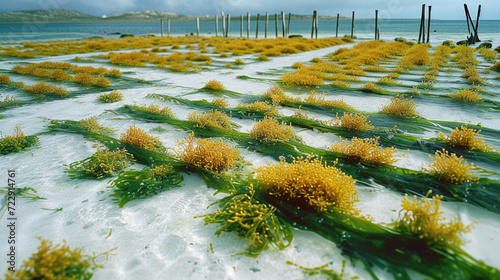 Rows of seaweed on a seaweed farm, Jambiani, Zanzibar island, Tanzania