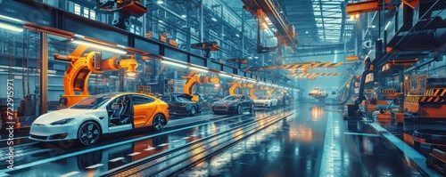 Automated robotics futuristic electric cars factory production line as wide banners with statistics of production and efficiency as wide banner with copy space, Generative AI