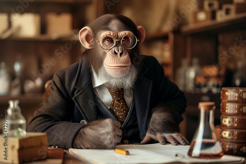  a monkey dressed as a scientist professor in vintage style suit and glasses sits at his workshop lab desk and looks at the camera.