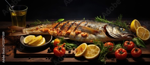 Fresh Mediterranean fishes on traditional BBQ fireplace oiling with virgin olive oil selective focus. Creative Banner. Copyspace image