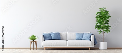 Grey lamp above white wooden coffee table next to blue elegant couch in bright living room interior with plant in black pot and scandinavian ladder. Creative Banner. Copyspace image