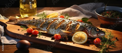 Fresh Mediterranean fishes on traditional BBQ fireplace oiling with virgin olive oil selective focus. Creative Banner. Copyspace image