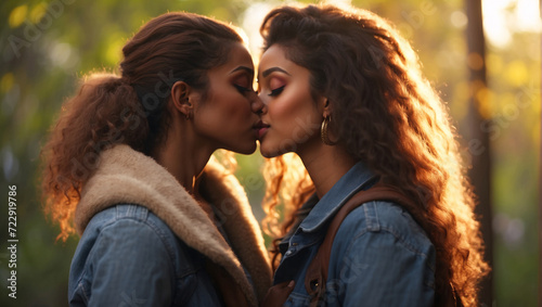 African American marriages or black LGBT girlfriends having a good time indoors in the setting sun. Two young loving girls in denim jackets kissing on the day of the gay pride festival outdoors