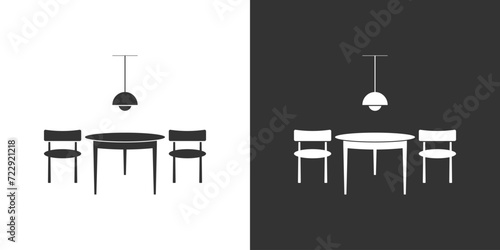 Oval table and chairs icon. Black and white version. Furniture vector icon