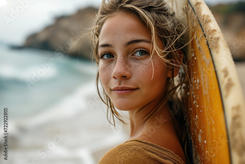 Surfing, portrait of a young woman surfer with a board standing on the seashore