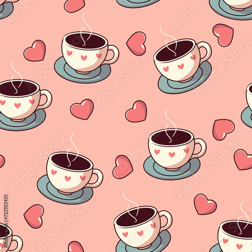 Walentynkowe bezszwowe tło z filiżankami, kawą i serduszkami. Słodki i romantyczny design. Ilustracja wektorowa.