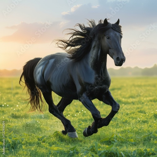 A black horse is running in the green field with long hair fluttering in the wind