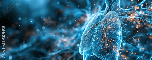 futuristic medical research or lungs health care with diagnosis and vitals biometrics for clinical hospital asthma and respiratory cancer and disease tests services as wide banner, Generative AI