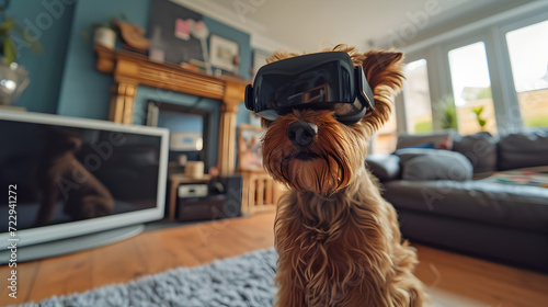 Cinematic photograph of yorkshire dog wearing a vr headset.