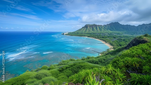 Hawaii beach with green vegetation and blue ocean