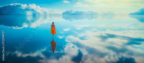 une femme en robe jaune marche sur une étendue d'eau qui reflète son corps et les nuages