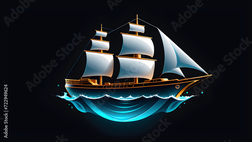 Vintage sail ship icon 3d. pirate ship in the sea. isolated on a black background. With black copy space