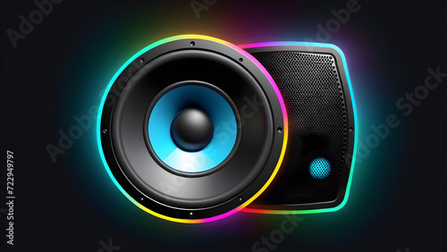 audio speaker icon 3d. The loudspeaker is isolated on a black background. Modern powerful audio speaker. With black copy space