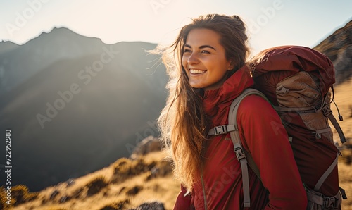 A woman with a backpack smiles at the camera