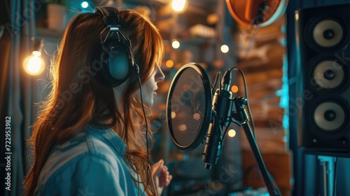 Woman record music album at sound studio. Pretty girl sing song microphone. Professional artist. Voice acting or podcasting concept. Talented podcaster. Radio on air. Live broadcasting. Neon light.