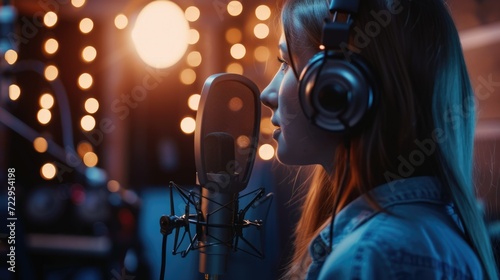 Woman record music album at sound studio. Pretty girl sing song microphone. Professional artist. Voice acting or podcasting concept. Talented podcaster. Radio on air. Live broadcasting. Neon light.