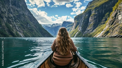 View from the back of a girl in a canoe floating on the water among the fjords. copy space for text.