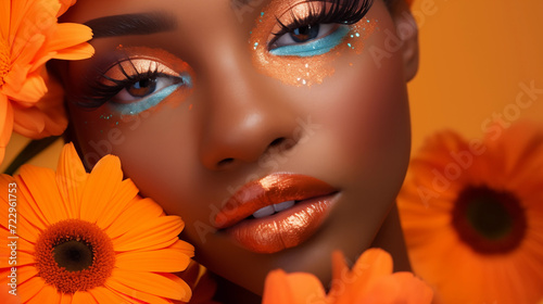 Mulher afro com maquiagem laranja e flores no rosto - Close up