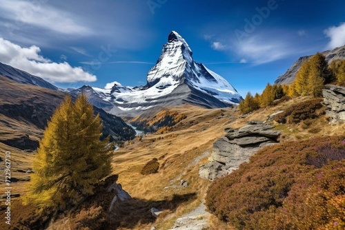 A breathtaking vista of the magnificent Matterhorn peak in Valais, Switzerland. Generative AI