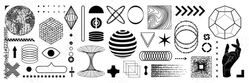 Set of graphic y2k aesthetic shape. Wireframe model, bitmap elements, bold modern geometric. Isolated vector illustration for sticker, poster, collage.