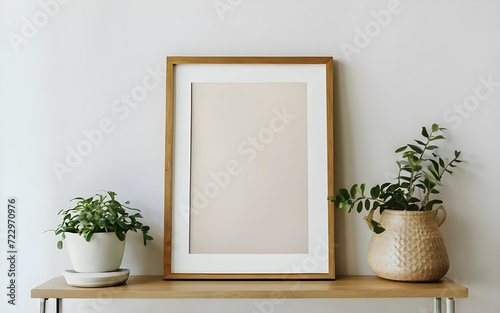 hanging A4 size Wooden white wall art frame mockup on wall without any design or text in minimalistic living room, portrait photography, product, photo, illustration