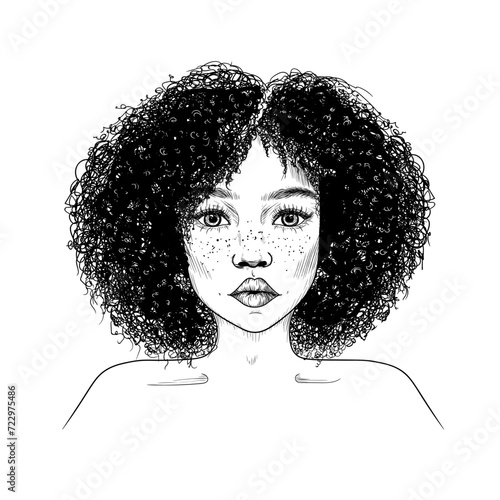 Vector illustration of an African girl with curly hair, with freckles