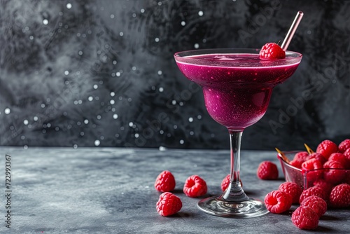 Fancy space cocktail in deep purple color made with Torani Puremade Galaxy Syrup, with raspberries, on dark background with copy space