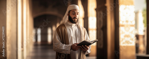 Muslim Man Reading Quran In a Mosque, Fictional character created by Generative AI.