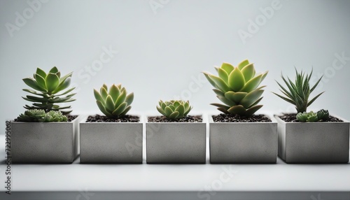 Row of little succulent plants in modern geometric concrete planters isolated on white background 