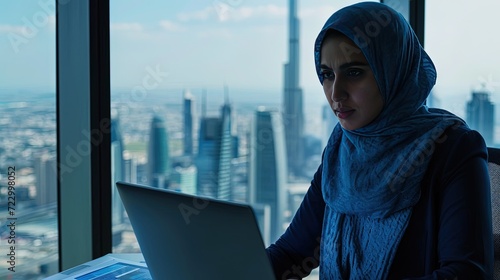Muslim woman in hijab in a modern office with laptop. A Muslim woman excels in her role, contributing to a modern office environment.